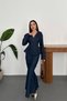 Women's Navy Blue Denim Raw Set - V-Neck Peplum Jacket and Full-Length Mermaid Skirt Set - 7