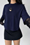 navy oversized t-shirt lace-sleeved round-neck top - 5