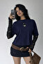 navy oversized t-shirt lace-sleeved round-neck top - 7