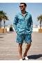 Relaxed Fit Patterned Long Sleeve Loose Lapel Collar Summer Cotton Lycra Shirt Shorts Set