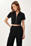 Zippered Crop Modal Top and Bottom Set Lby0047 Black - 3