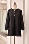 Black Gofre Fabric Draped Tunic with Slits on the Sides and Zero Neckline - 4