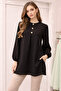 Black Gofre Fabric Draped Tunic with Slits on the Sides and Zero Neckline - 2