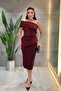 Double Fabric Single Sleeve Pencil Dress - Bordo