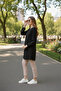 Black Gofre Fabric Draped Tunic with Slits on the Sides and Zero Neckline - 5