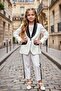 Girl's Stone-Embellished Collar and Stripe Embroidered Jacket and Lace-Embellished Collar and Blouse White Top and Bottom Set - 4