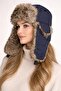 Pilot Hat with Fur in Navy Blue for Skiing - Women's Fur-Trimmed Russian Beret