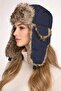 Pilot Hat with Fur in Navy Blue for Skiing - Women's Fur-Trimmed Russian Beret - 3