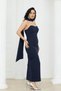Atlas Fabric Strapless Evening Dress with Shawl Detail - Dark Blue - 7