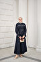Women's Front Pearl Detail Embellished Stitching Belted High Collar Suit Navy Blue - 4