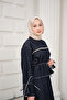 Women's Front Pearl Detail Embellished Stitching Belted High Collar Suit Navy Blue - 5