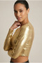 Women's Gold Color Metallic Leather Look Crew Neck Crop Blouse Nj84 - 3