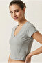 Women's Gray V-Neck Crop Basic T-Shirt Nj78 - 2
