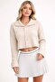 Women's Beige Buttoned Crop Knit Cardigan – Soft Texture, Stylish Design