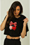 Trend Mix Mixed Printed Hooded Short Sleeve Women's Black Crop Tshirt - 2