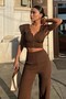 Dark Brown Crop Blouse Pants Women's Bottom Top Set - 4
