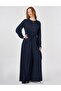 Buckle Detailed Jacquard Viscose Jumpsuit Dark Navy Blue