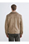 Beige Standard Fit Fur Collar Men's Suede Coat - 5