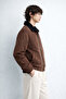 Men's Oversized Fit Bomber Suede Jacket with Velvet Collar Detail 26Use608 - 3
