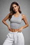 Women's Gray Melange Zero Sleeve Crew Neck Cotton Crop Tank Top - 2