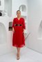 Women's Red Double-Breasted Pleated Midi Dress with Collar and Belt Detail - 4
