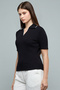 Women's Black Ribbed Polo T-Shirt with Short Sleeves - 2