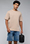 Men's Beige Textured T-Shirt with Crew Neck and Short Sleeves - 3