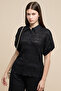 Women's Black Lace Shirt with Classic Collar and Short Sleeves - 3