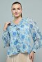 Women's Blue Floral Printed Top with V-Neck and Long Sleeves