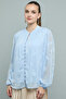 Women's Blue Jacquard Top with Mandarin Collar and Balloon Sleeves