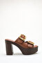 Halivette Brown Women's Buckle Detailed Double Strap Stylish Comfortable Casual Platform High Thick Heeled Slippers - 2