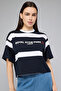 Women's Dark blue Striped T-Shirt with Crew Neck and Short Sleeves