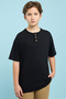 Boy's Black Textured T-Shirt with Henley Neck and Short Sleeves