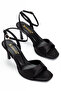Black Satin Ankle Strap Single Strap Short Heeled Women's Sandals