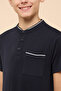 Boy's Dark blue Contrast Tipping T-Shirt with Mandarin Collar and Short Sleeves - 5