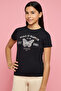 Girl's Black Printed T-Shirt with Crew Neck and Short Sleeves