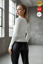Women's White Pear Collar Hook Detailed Hooked Long Sleeve Ribbed Extra Soft Blouse Body - 2