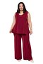 Plus Size Sleeveless Blouse Wide Leg Pants Burgundy Two-Piece Set