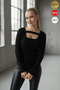Women's Black U-Neck Band Detailed Long Sleeve Ribbed Extra Soft Blouse Body - 3