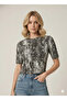 Women's Black Snake Pattern Crew Neck Short Sleeve Slim Fit Blouse - 3