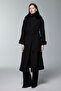 Fur Collar Detailed Belted Black Coat 14086 - 3