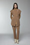 Brooch Detailed Belted Combination Camel Suit 1176 - 2