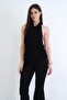 Black Degaje Collar Halter Cut Flock Printed Lined Lace Blouse Alc-X15269 - 2