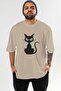 Cat Design Front Printed Beige Oversize T-Shirt Men Women Cotton Crew Neck T-Shirt - 2