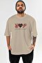 Peace Love Cupid Front Printed Beige Oversize T-Shirt Men Women Cotton Crew Neck Tshirt - 2