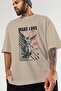 Make Love Front Printed Beige Oversize T-Shirt Men Women Cotton Crew Neck T-Shirt - 3