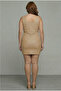 Beige Faux Leather Trend Plus Size Tight Mini Dress - 2