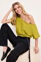 Yağ Yeşili %100 Pamuk Oversize/Geniş Kalıp Kayık Yaka Örme T-Shirt TWOSS20TS0140 - 2