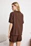 Kahverengi Dantelli Viskon Şortlu Dokuma Pijama Takımı THMSS24PT00181 - 4