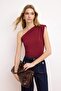 Burgundy Asymmetric One Shoulder Shoulder Pad Pack Stretchy Knitted Blouse Twoss24Bz00133